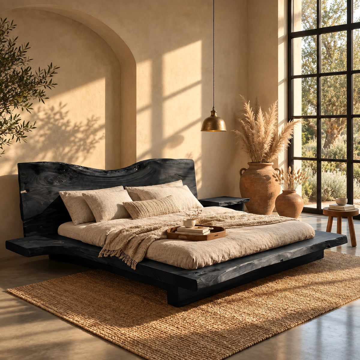 Contemporary Live Edge Platform Bed With Low Slab Headboard For Bedroom