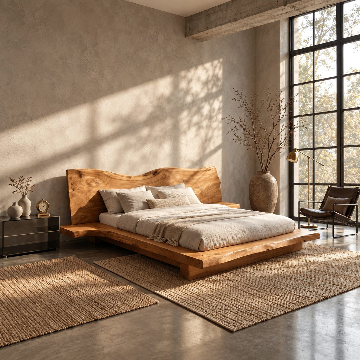 Contemporary Live Edge Platform Bed With Low Slab Headboard For Bedroom