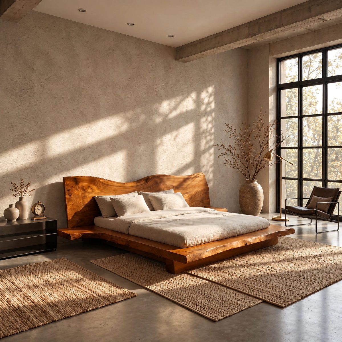 Contemporary Live Edge Platform Bed With Low Slab Headboard For Bedroom
