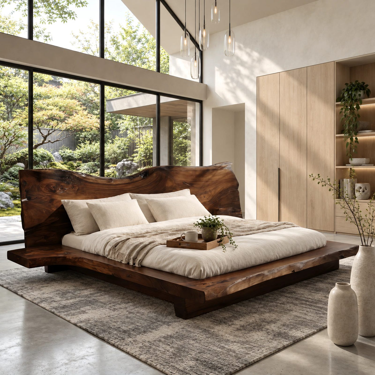 Contemporary Live Edge Platform Bed With Low Slab Headboard For Bedroom