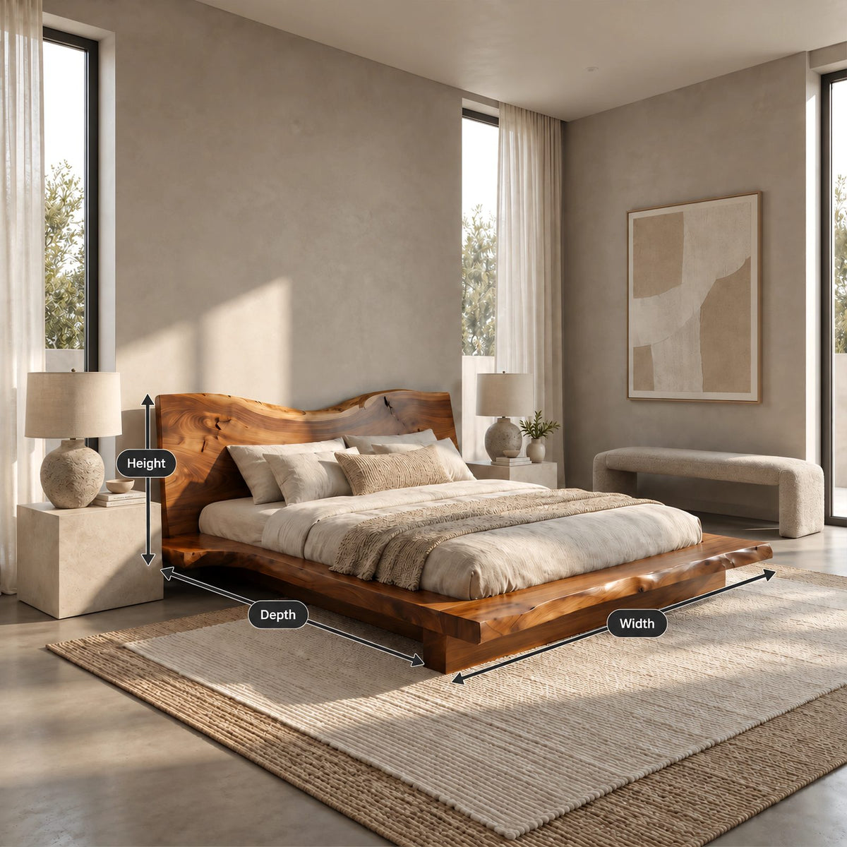 Contemporary Live Edge Platform Bed With Low Slab Headboard For Bedroom