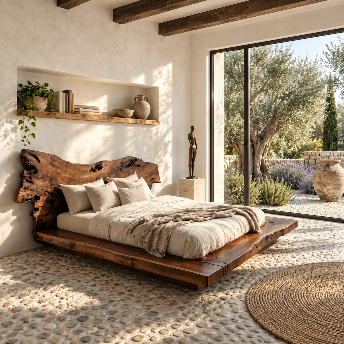 Organic Burl Edge Bed Frame With Gnarled Slab Headboard For Bedroom