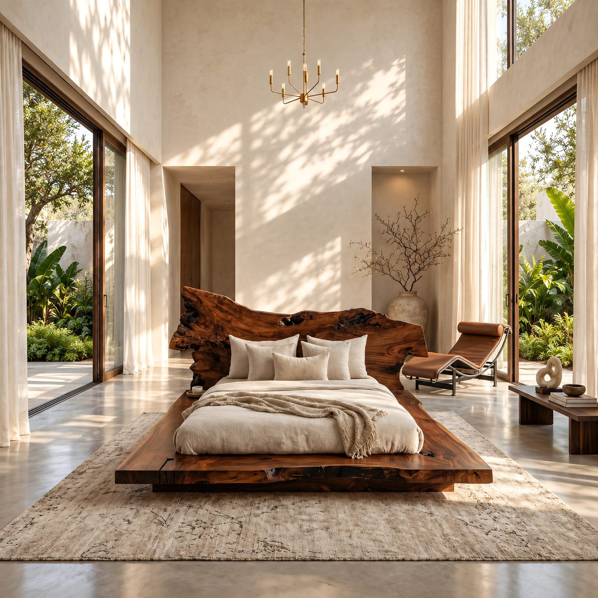 Organic Burl Edge Bed Frame With Gnarled Slab Headboard For Bedroom