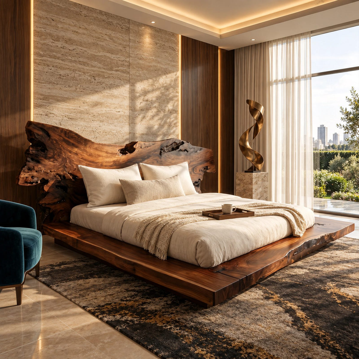 Organic Burl Edge Bed Frame With Gnarled Slab Headboard For Bedroom