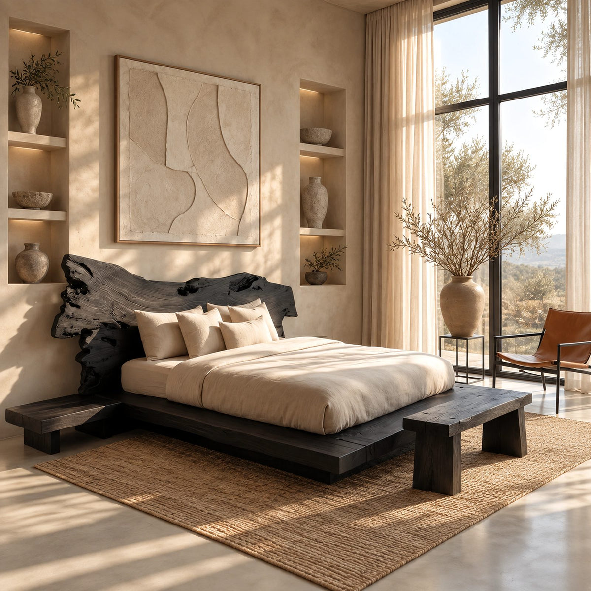 Organic Burl Edge Bed Frame With Gnarled Slab Headboard For Bedroom