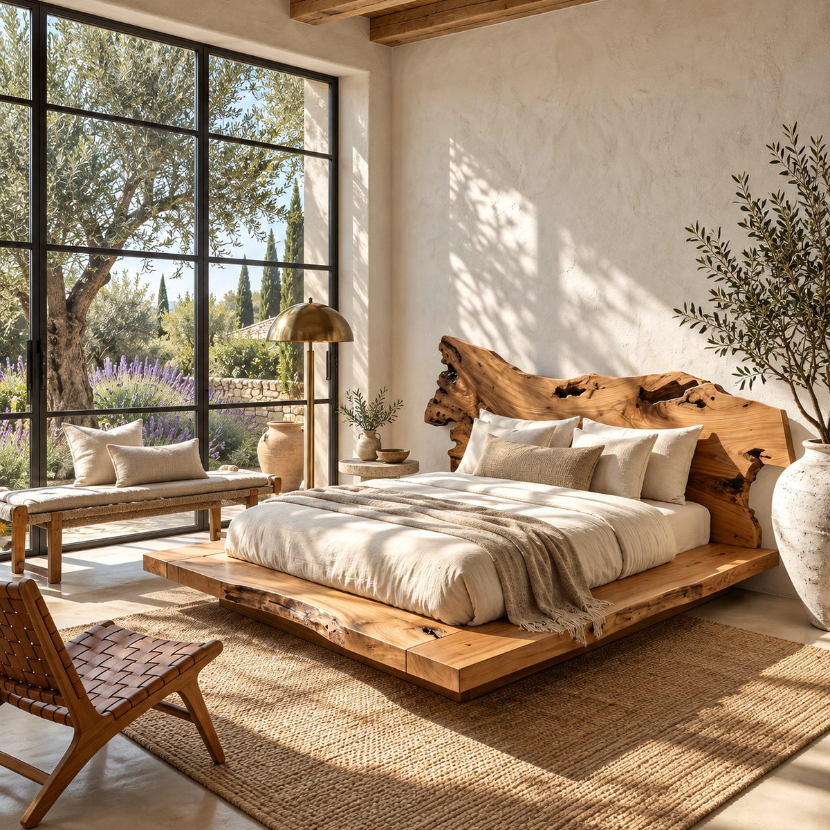 Organic Burl Edge Bed Frame With Gnarled Slab Headboard For Bedroom