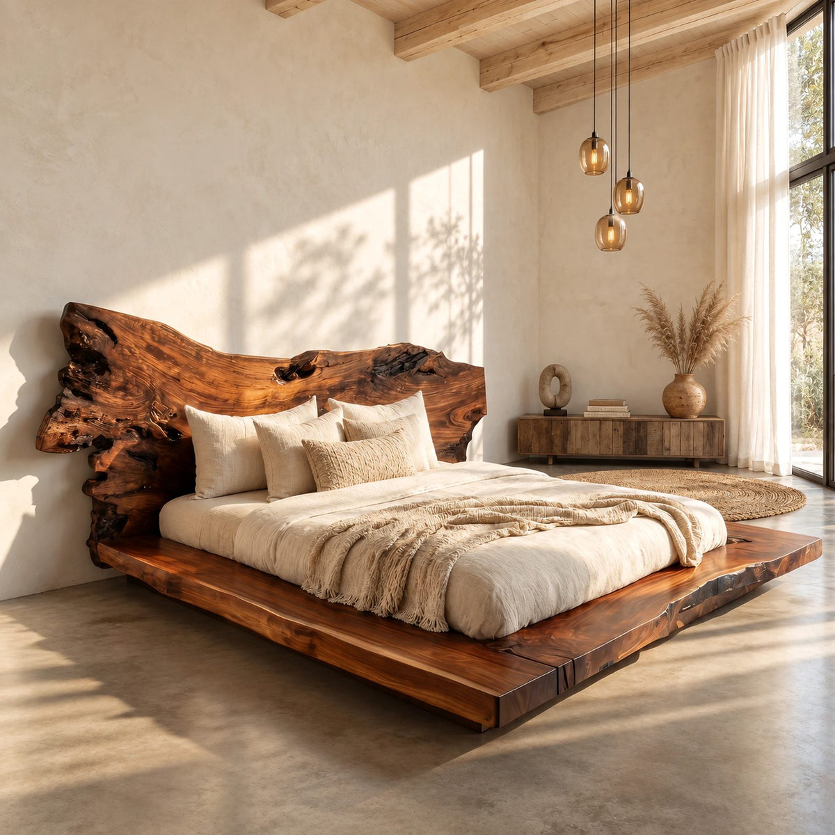 Organic Burl Edge Bed Frame With Gnarled Slab Headboard For Bedroom