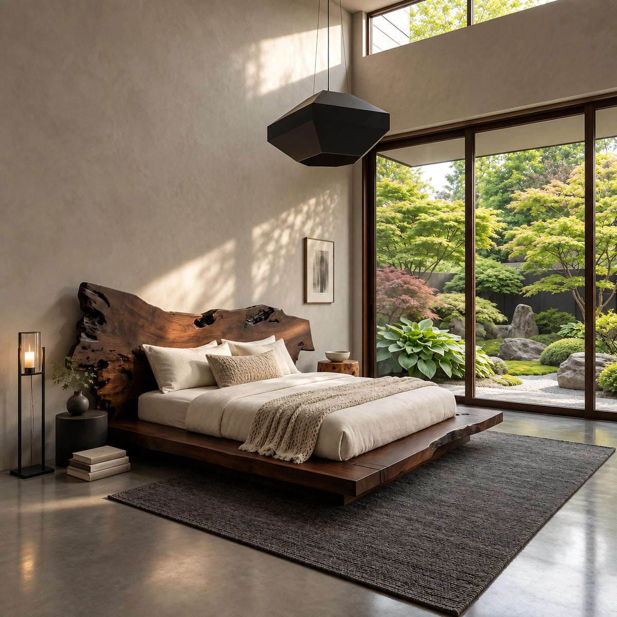 Organic Burl Edge Bed Frame With Gnarled Slab Headboard For Bedroom