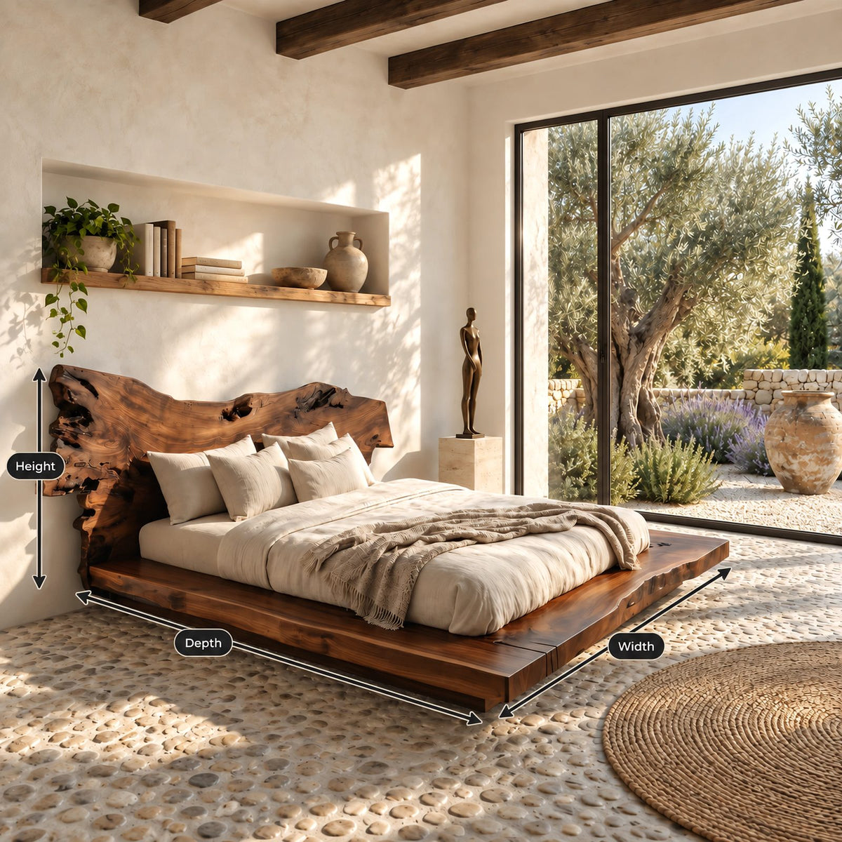 Organic Burl Edge Bed Frame With Gnarled Slab Headboard For Bedroom