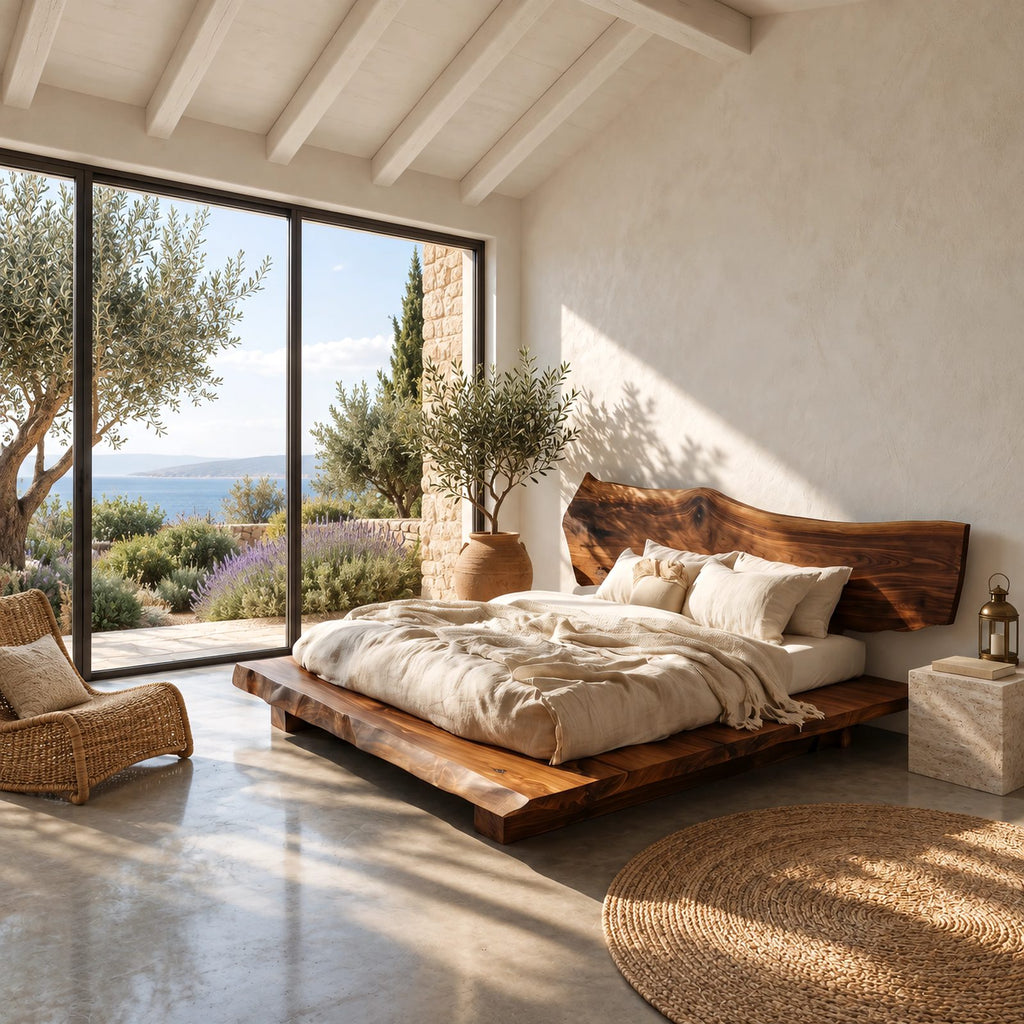 Modern Rustic Live Edge Bed Frame With Chunky Slab Platform For Bedroom
