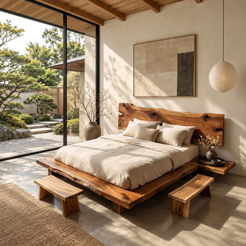 Modern Rustic Live Edge Bed Frame With Chunky Slab Platform For Bedroom