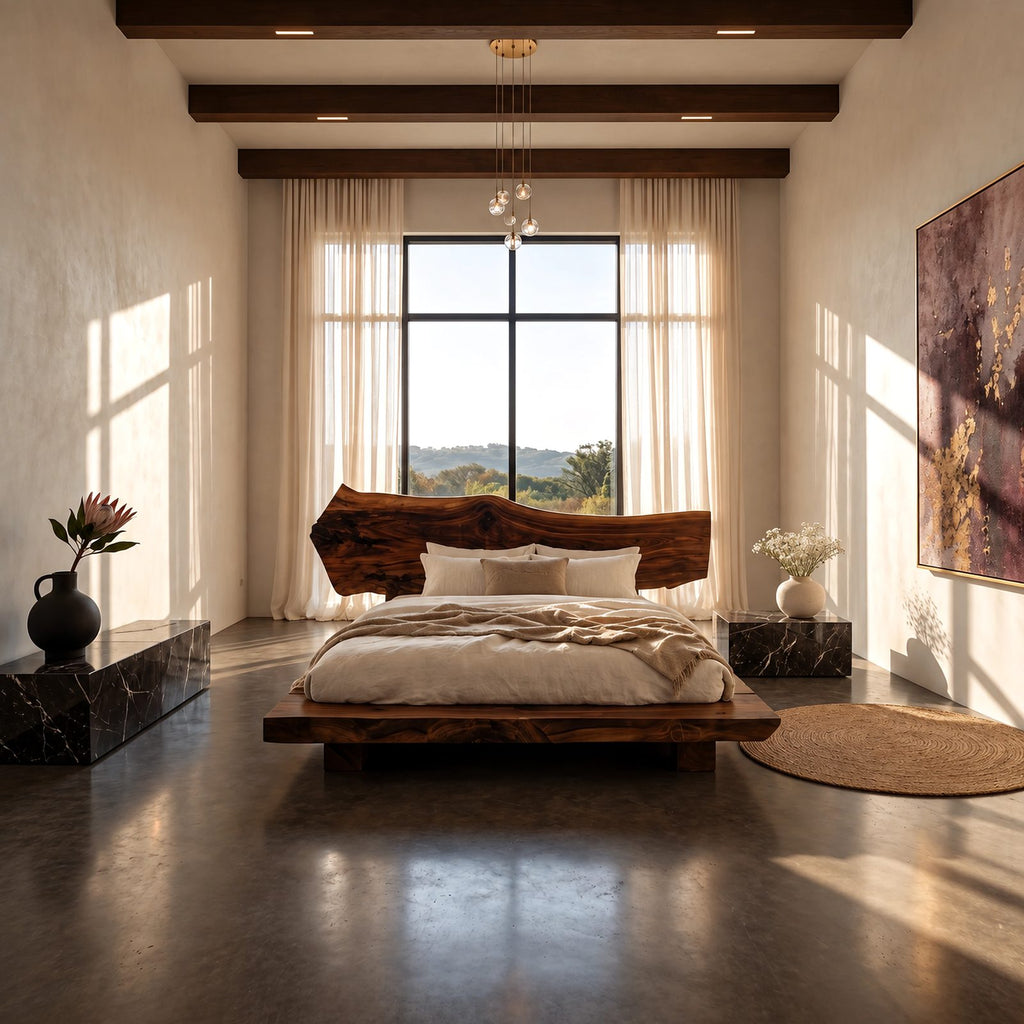 Modern Rustic Live Edge Bed Frame With Chunky Slab Platform For Bedroom