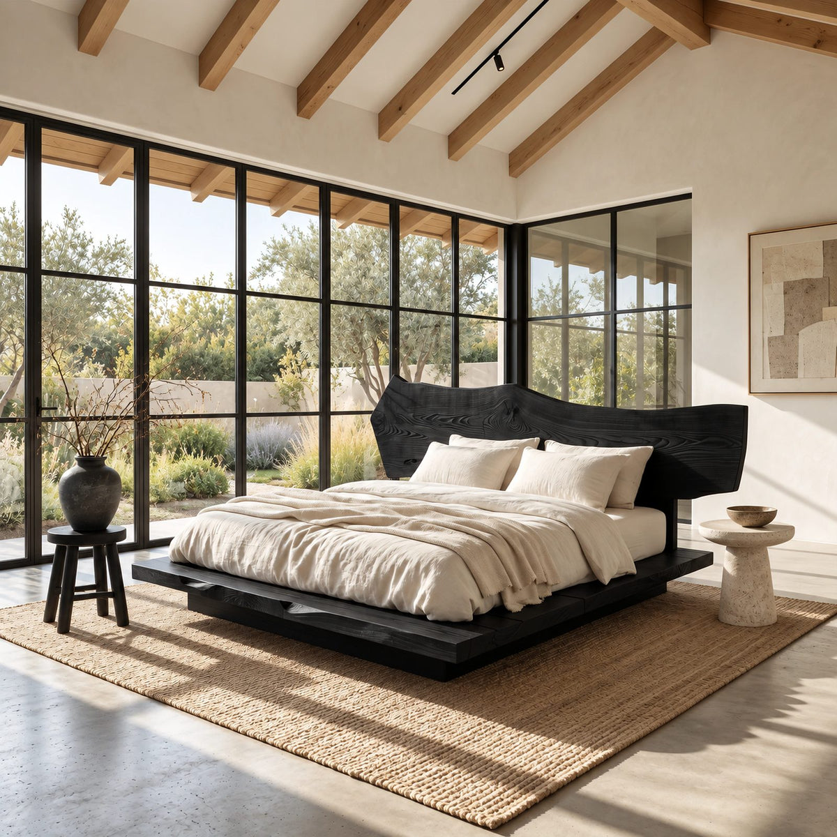 Modern Rustic Live Edge Bed Frame With Chunky Slab Platform For Bedroom