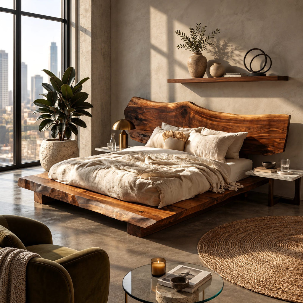 Modern Rustic Live Edge Bed Frame With Chunky Slab Platform For Bedroom