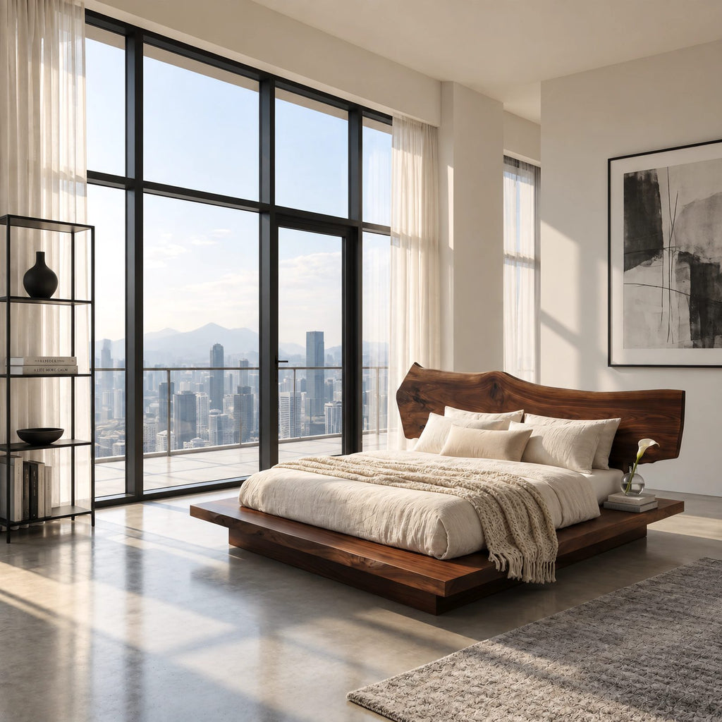 Modern Rustic Live Edge Bed Frame With Chunky Slab Platform For Bedroom