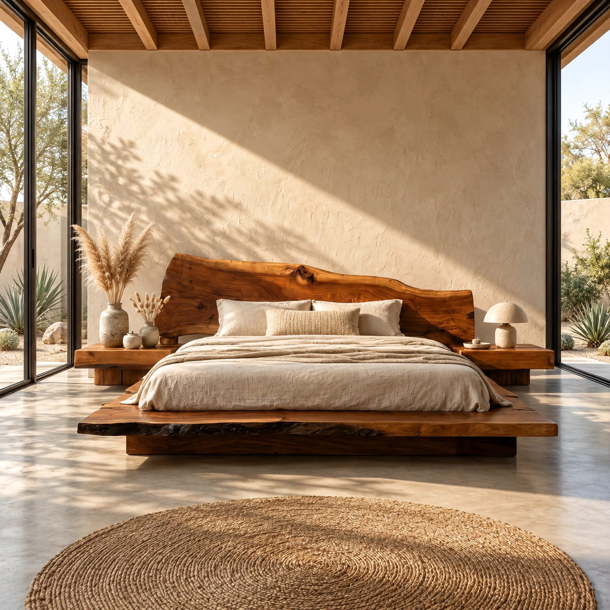 Scandinavian Floating Bed Frame With Live Edge Headboard For Bedroom