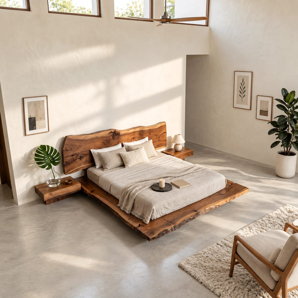Scandinavian Floating Bed Frame With Live Edge Headboard For Bedroom