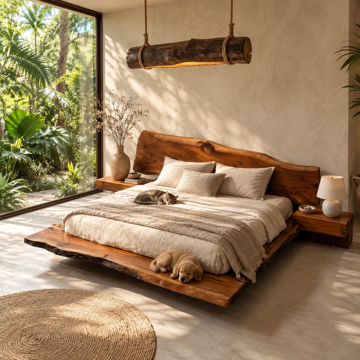 Scandinavian Floating Bed Frame With Live Edge Headboard For Bedroom