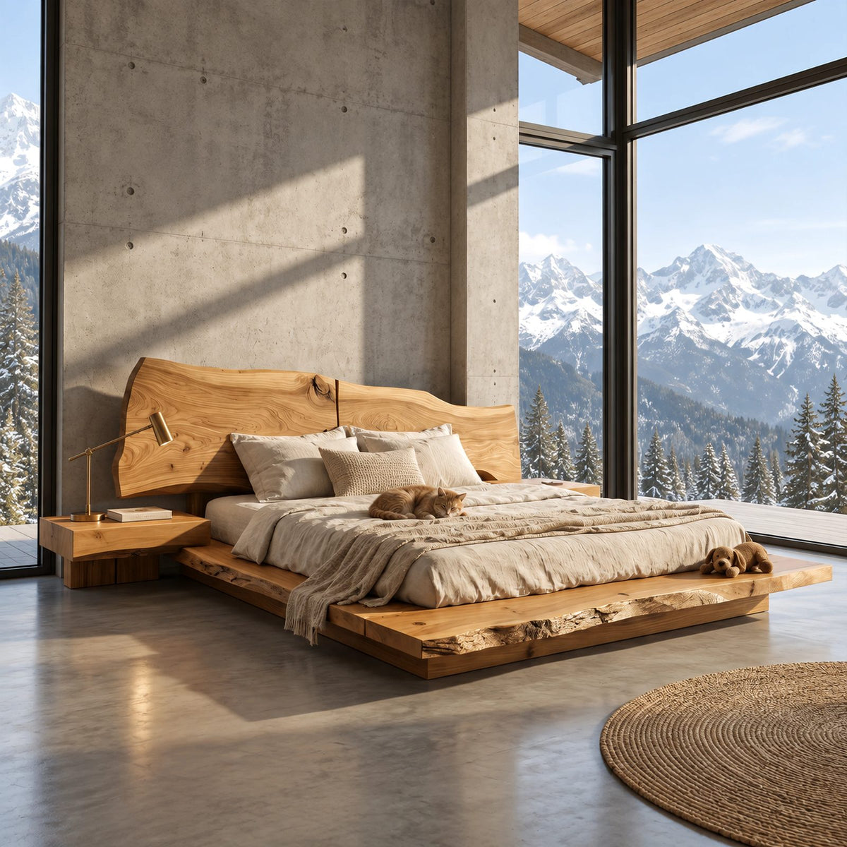Scandinavian Floating Bed Frame With Live Edge Headboard For Bedroom