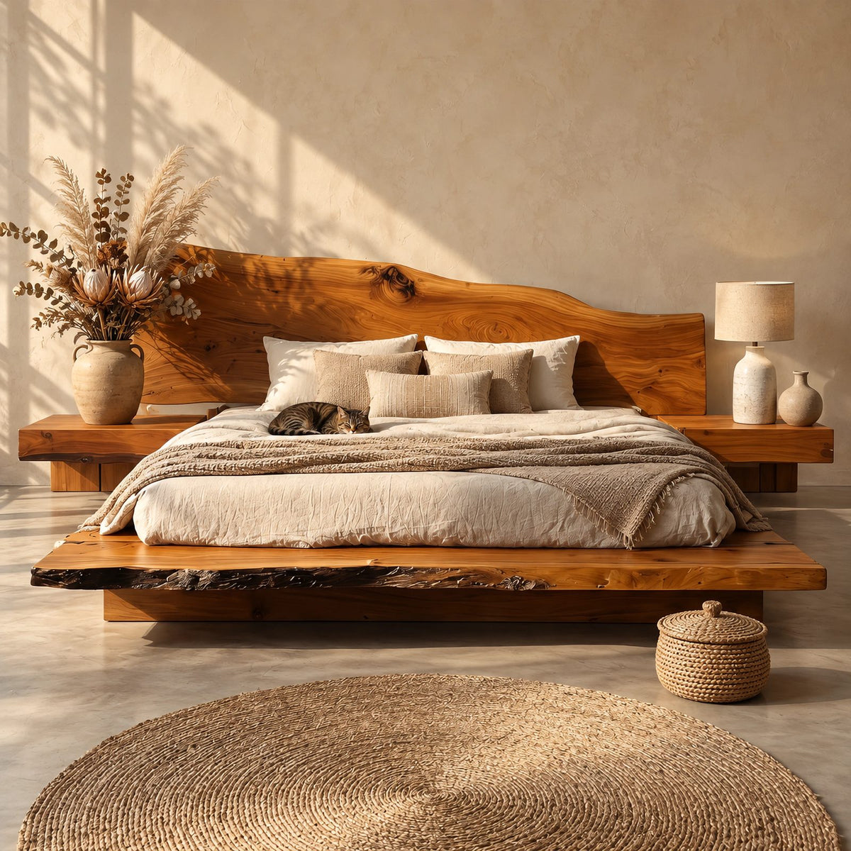 Scandinavian Floating Bed Frame With Live Edge Headboard For Bedroom
