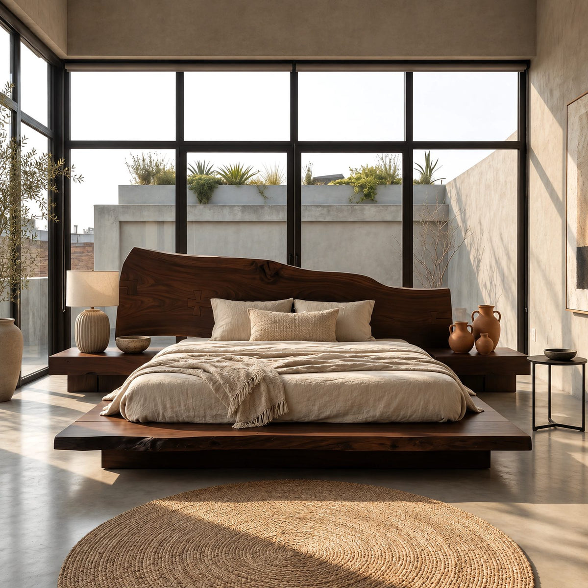 Scandinavian Floating Bed Frame With Live Edge Headboard For Bedroom