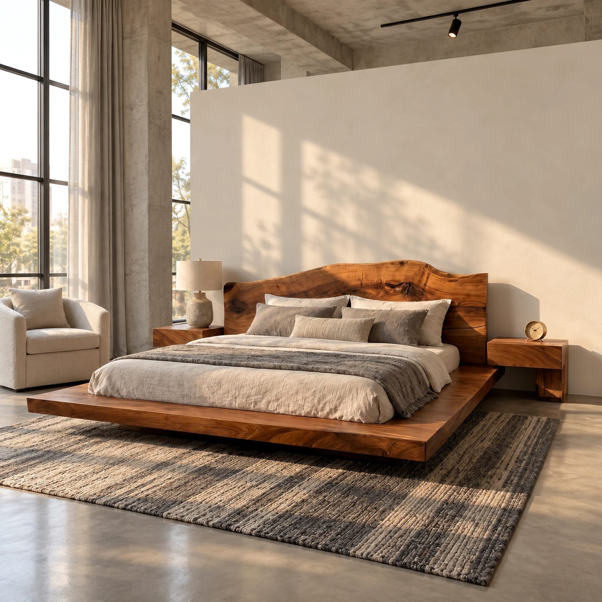 Japandi Low Platform Bed With Live Edge Slab Headboard For Bedroom