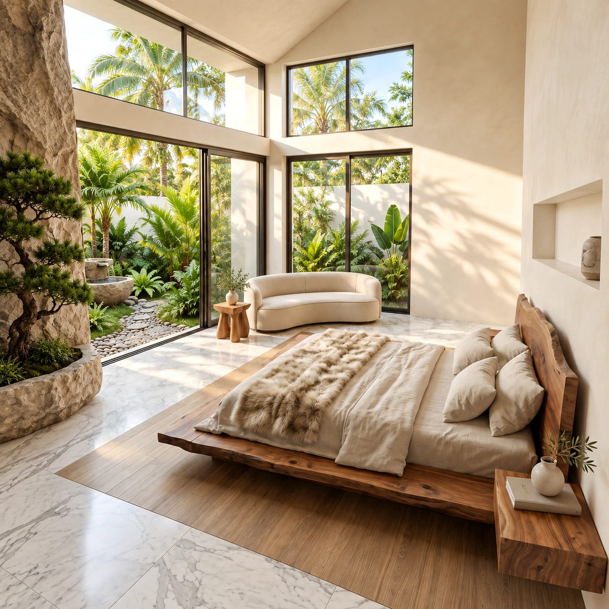Japandi Low Platform Bed With Live Edge Slab Headboard For Bedroom