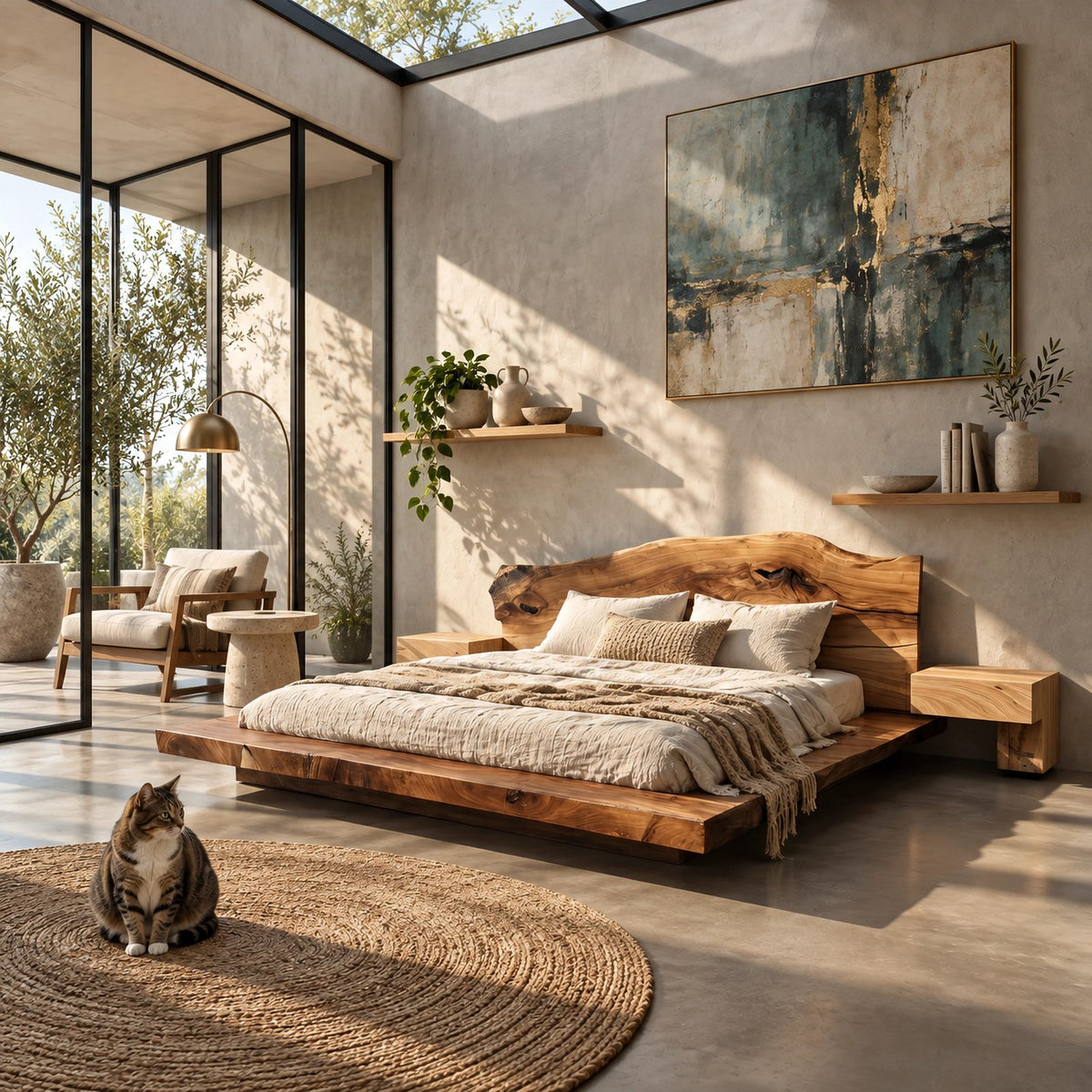 Japandi Low Platform Bed With Live Edge Slab Headboard For Bedroom