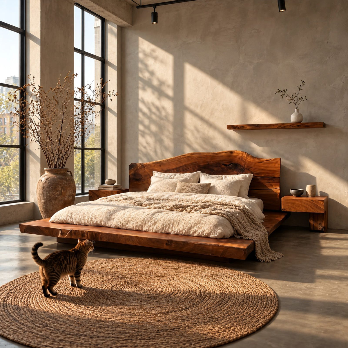 Japandi Low Platform Bed With Live Edge Slab Headboard For Bedroom