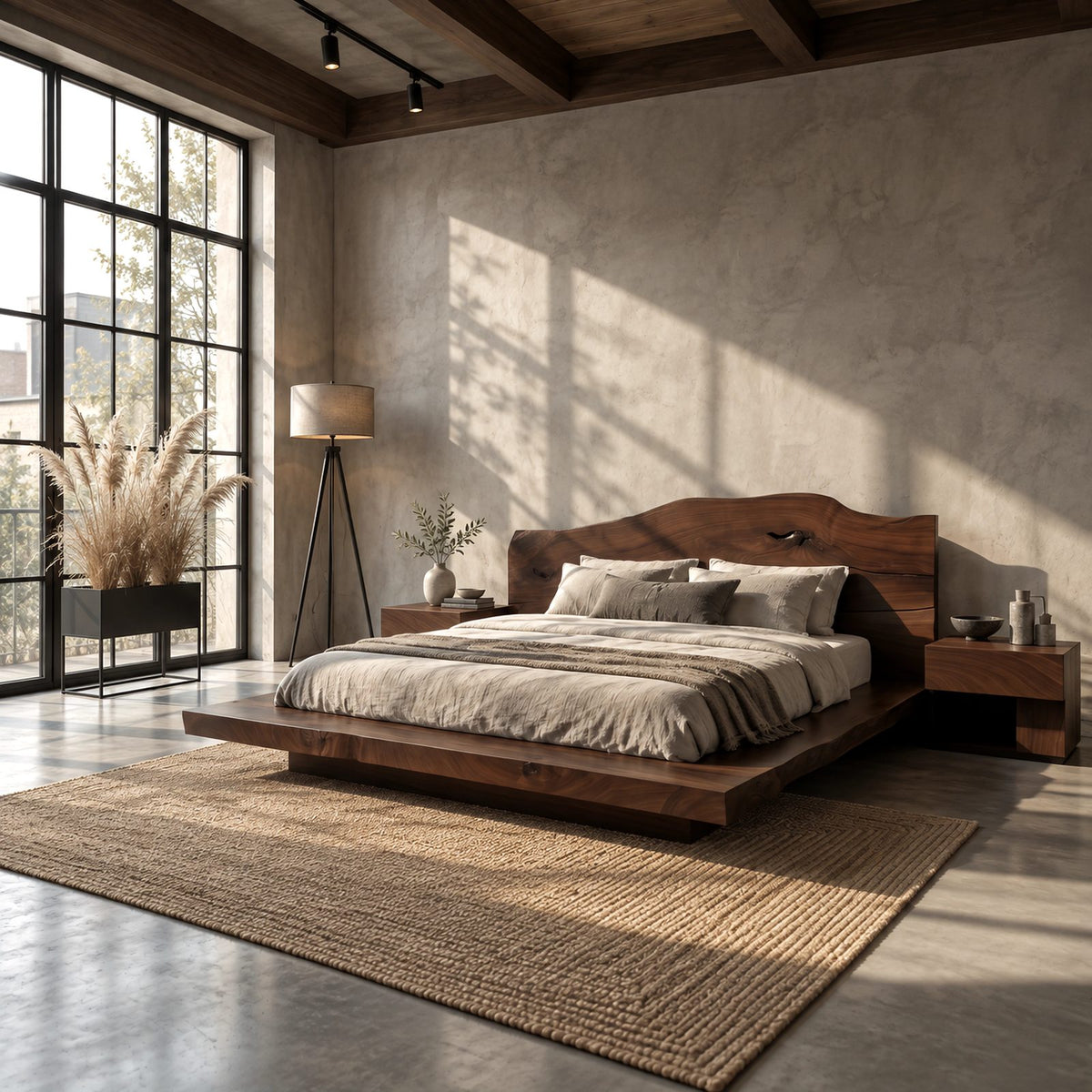 Japandi Low Platform Bed With Live Edge Slab Headboard For Bedroom