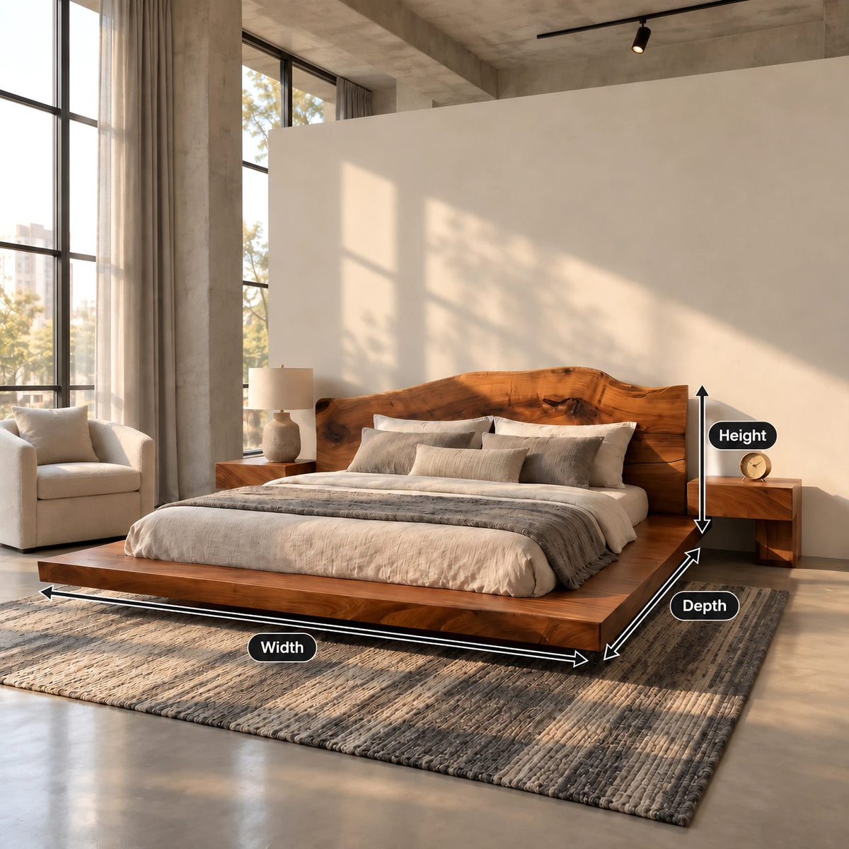 Japandi Low Platform Bed With Live Edge Slab Headboard For Bedroom