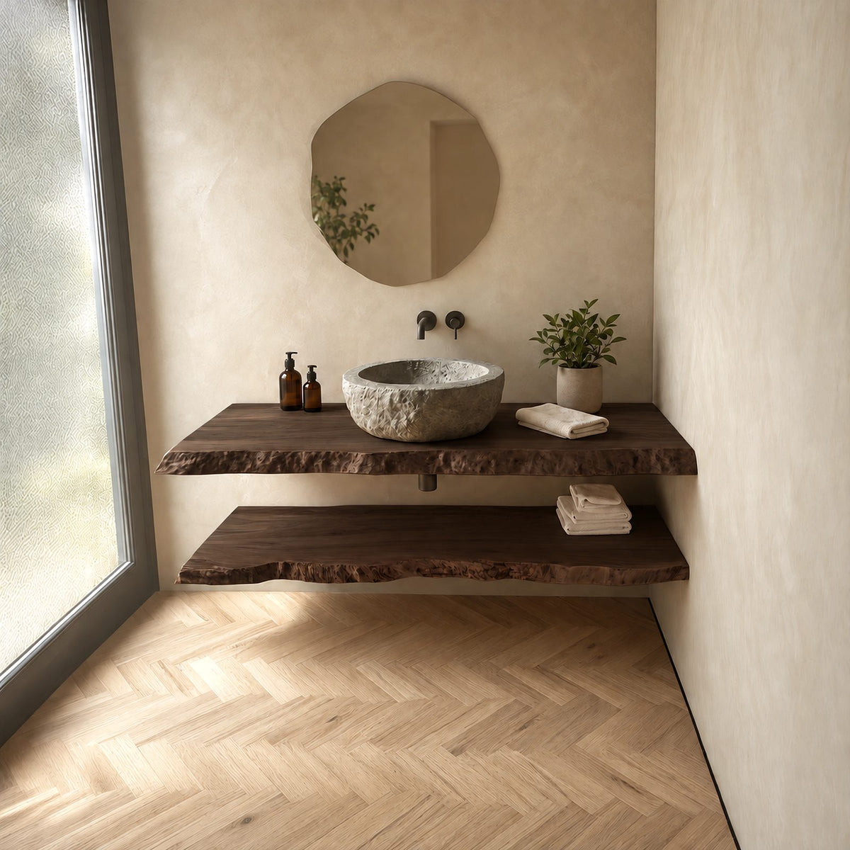 Japandi Live Edge Floating Bathroom Vanity Slab With Wavy Front Edge