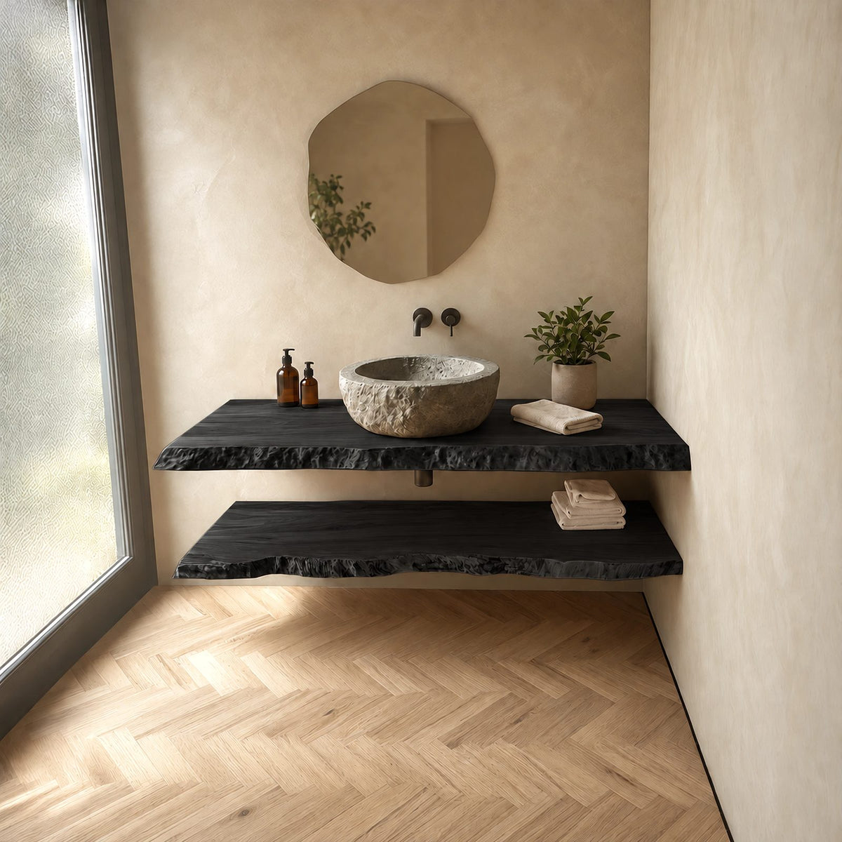 Japandi Live Edge Floating Bathroom Vanity Slab With Wavy Front Edge