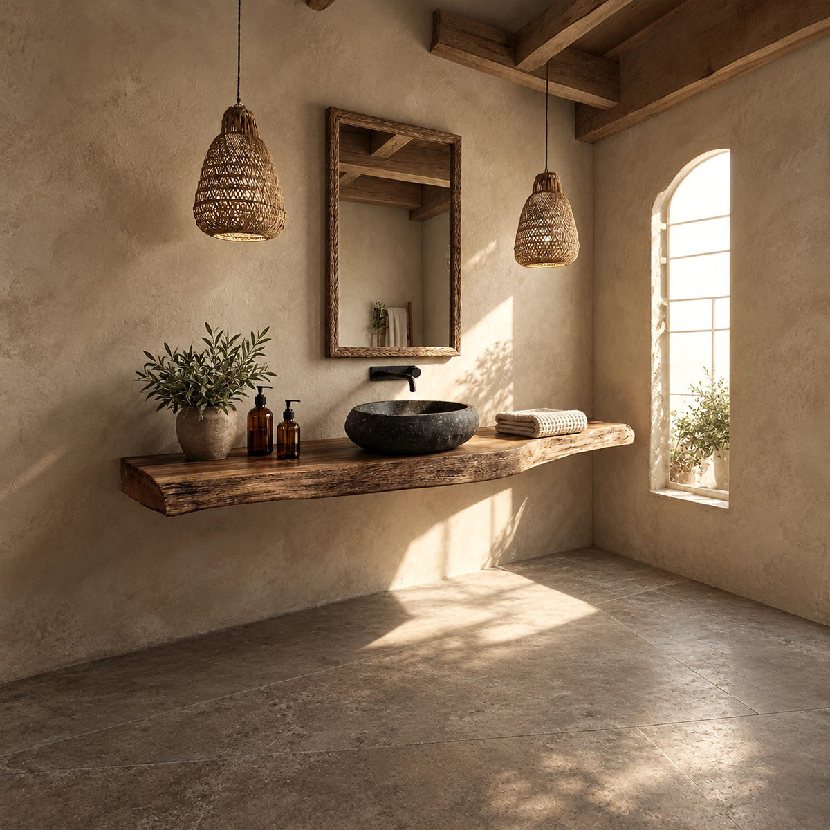 Rustic Thick Plank Floating Bathroom Vanity With Weathered Natural Edge