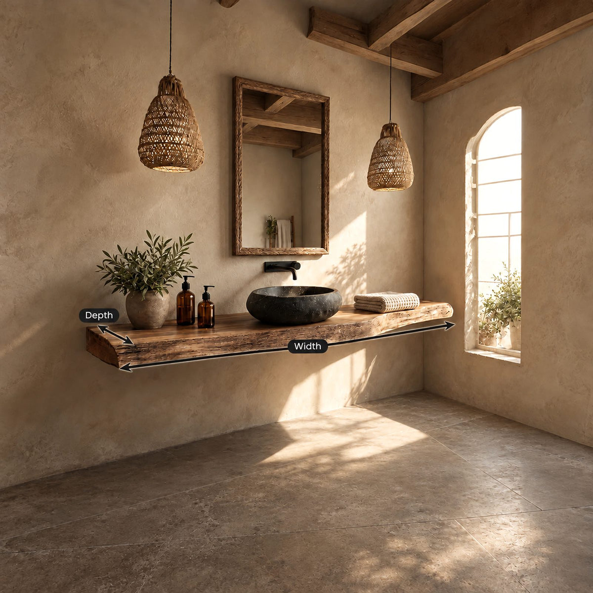 Rustic Thick Plank Floating Bathroom Vanity With Weathered Natural Edge