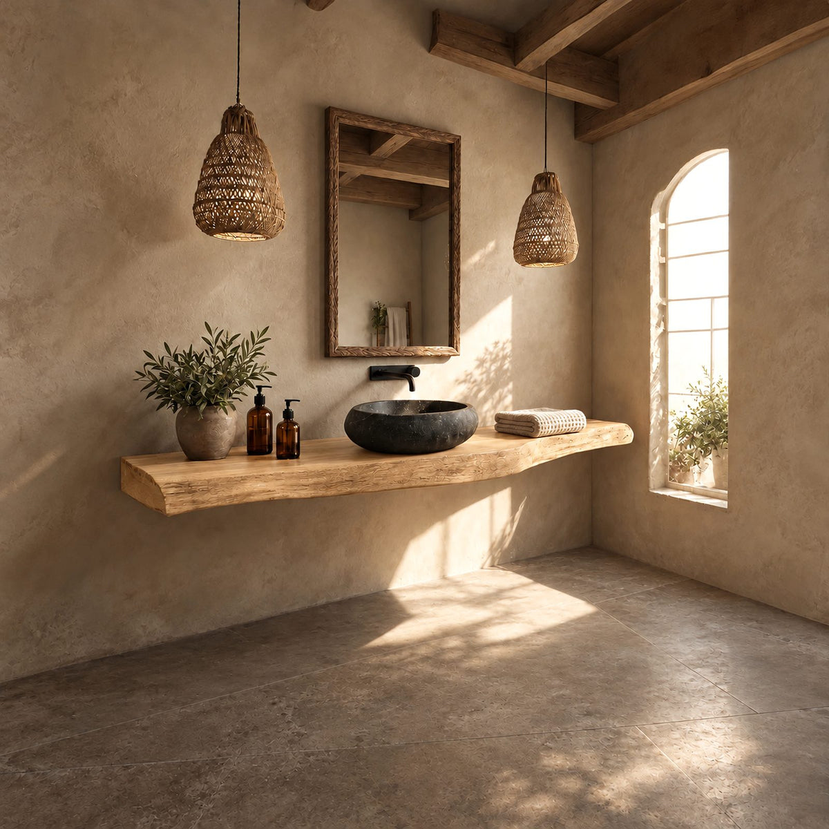 Rustic Thick Plank Floating Bathroom Vanity With Weathered Natural Edge