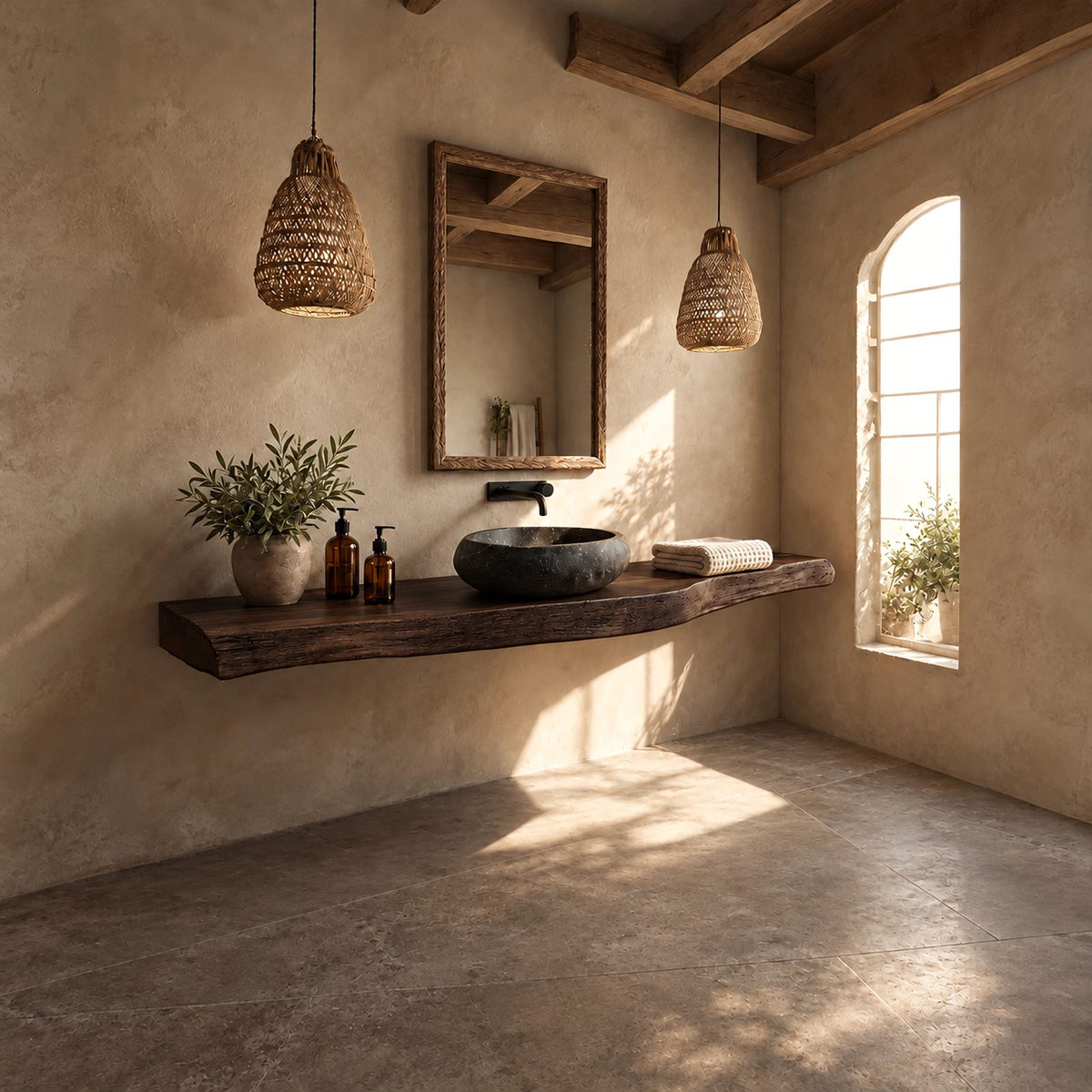 Rustic Thick Plank Floating Bathroom Vanity With Weathered Natural Edge