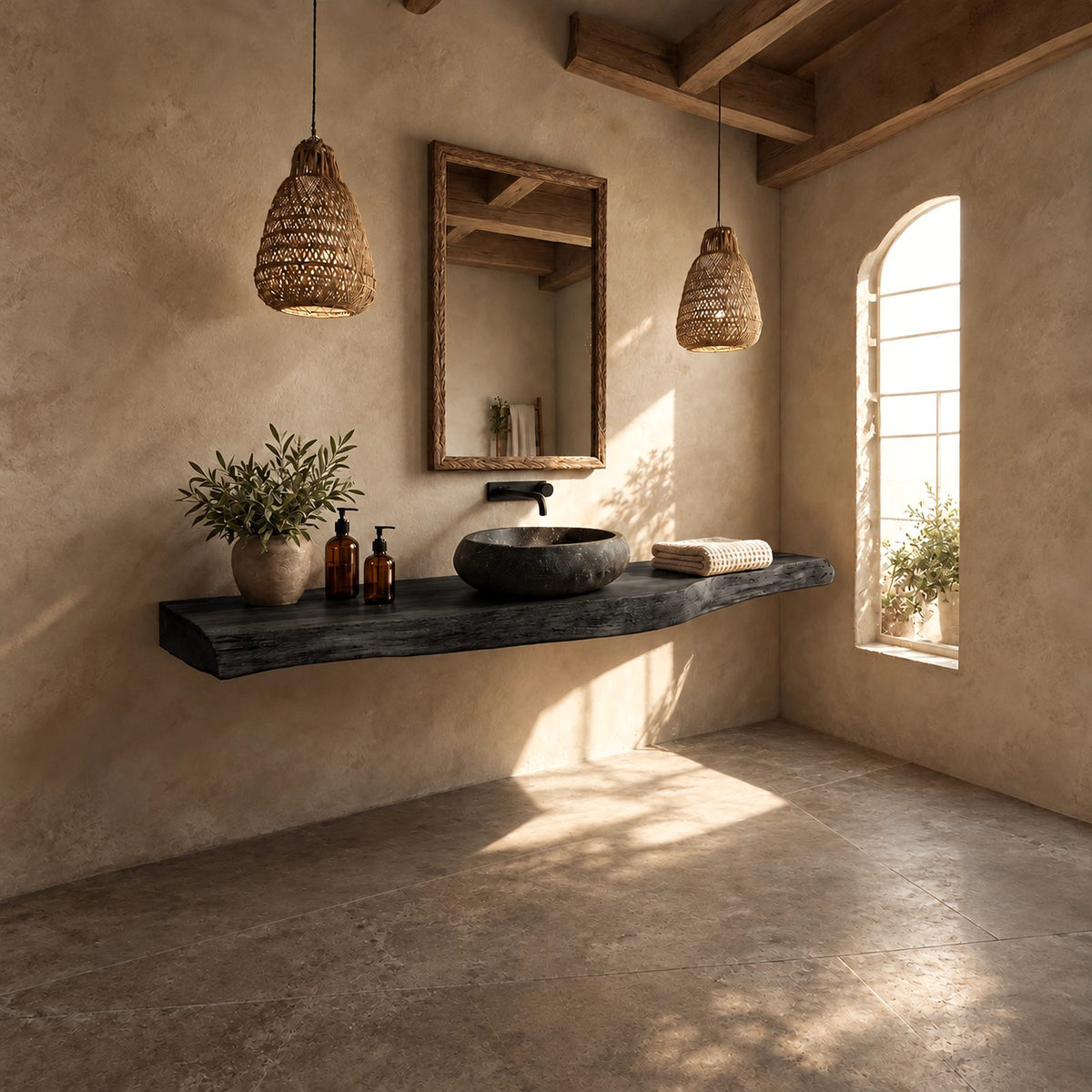 Rustic Thick Plank Floating Bathroom Vanity With Weathered Natural Edge