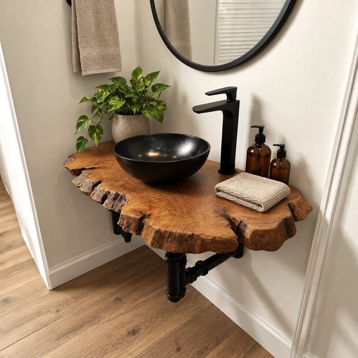Organic Wide Slab Floating Bathroom Vanity With Irregular Live Edge