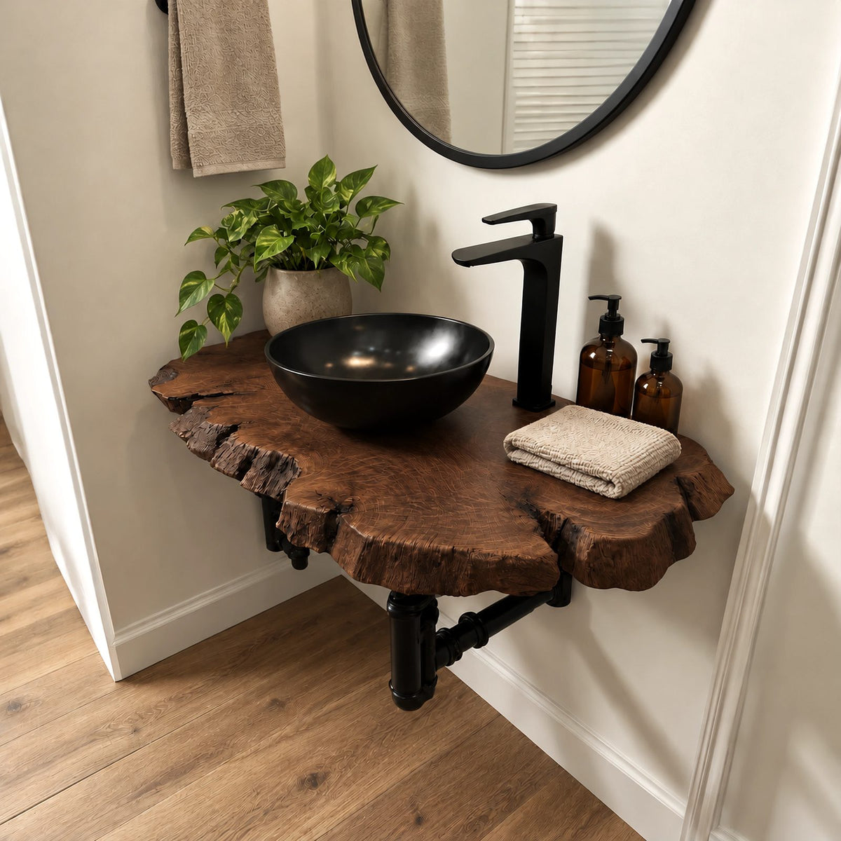 Organic Wide Slab Floating Bathroom Vanity With Irregular Live Edge