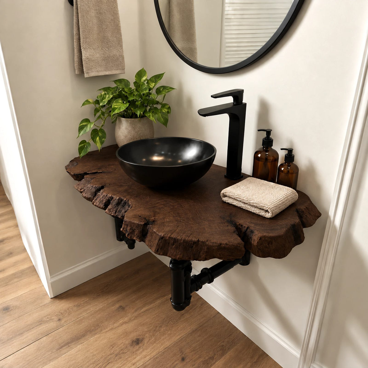 Organic Wide Slab Floating Bathroom Vanity With Irregular Live Edge