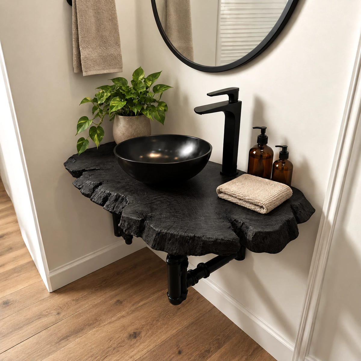 Organic Wide Slab Floating Bathroom Vanity With Irregular Live Edge