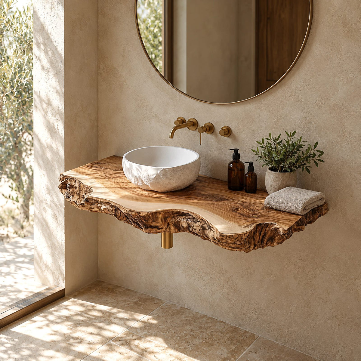 Sculptural Live Edge Wood Bathroom Vanity Top With Wavy Rolled Edge