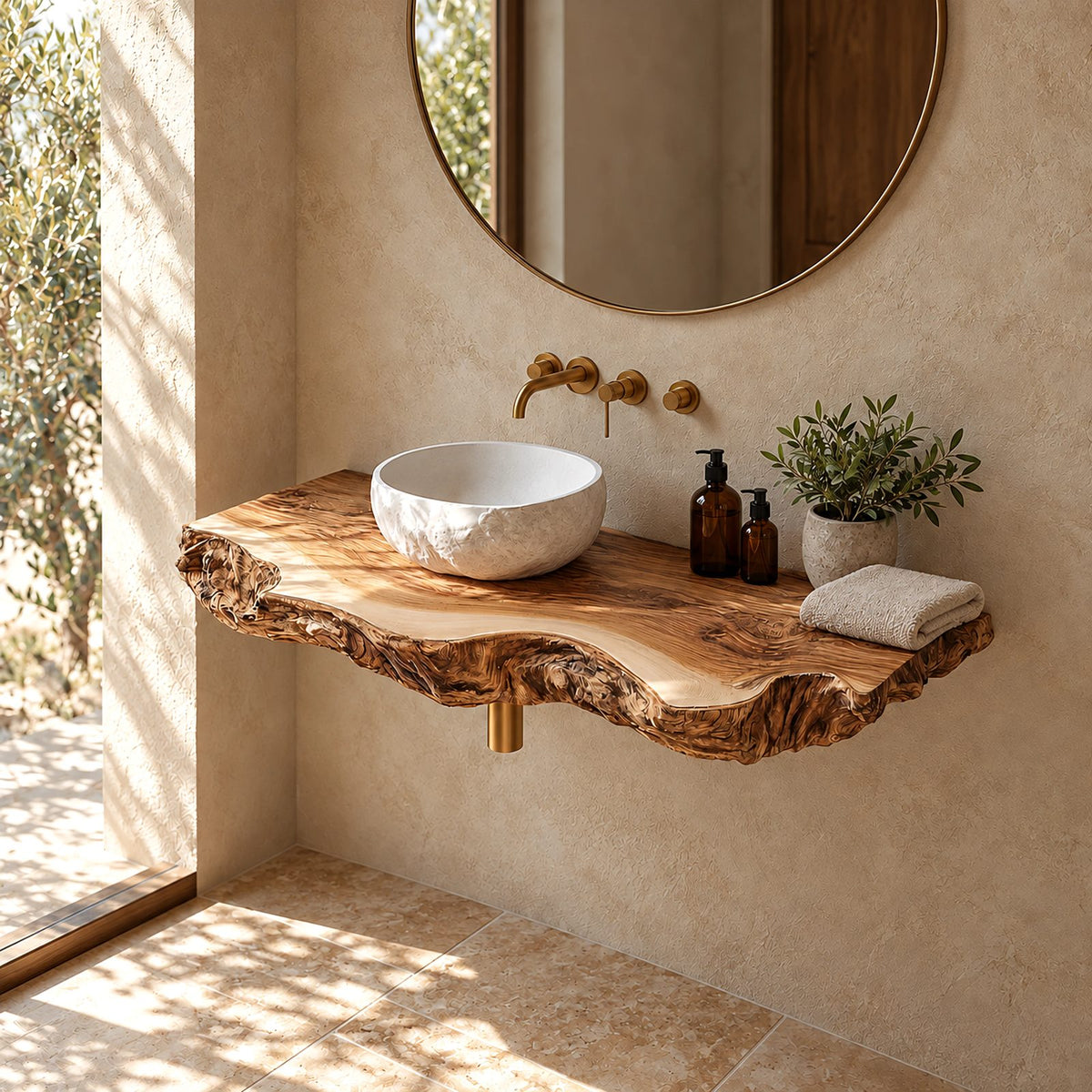 Sculptural Live Edge Wood Bathroom Vanity Top With Wavy Rolled Edge