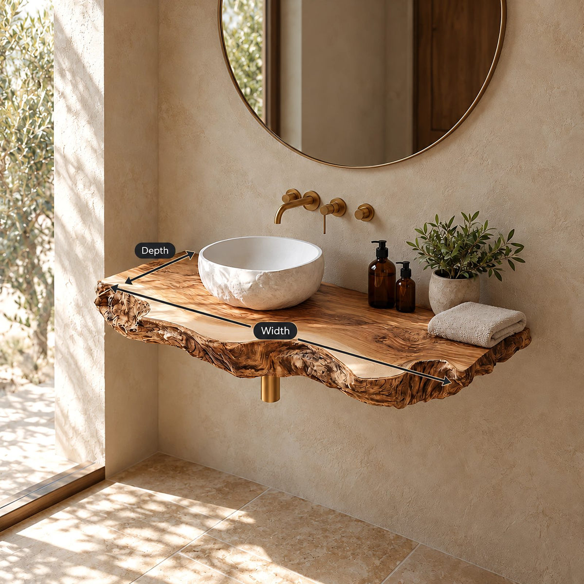 Sculptural Live Edge Wood Bathroom Vanity Top With Wavy Rolled Edge