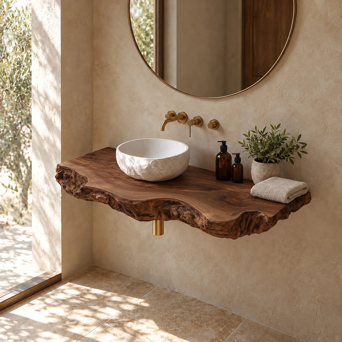 Sculptural Live Edge Wood Bathroom Vanity Top With Wavy Rolled Edge