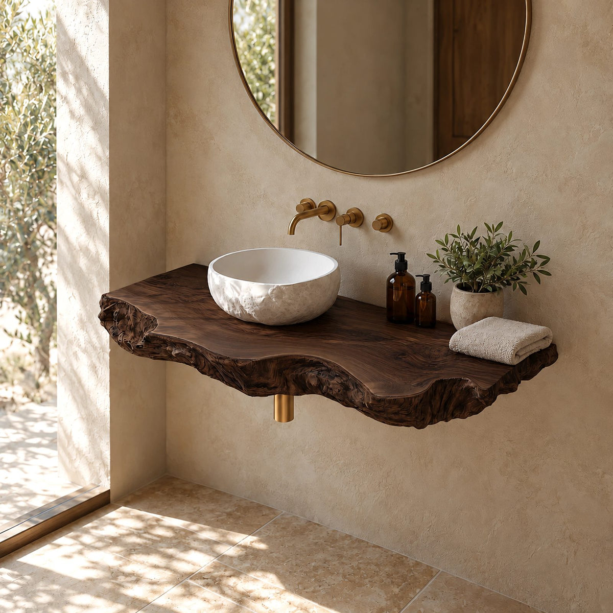 Sculptural Live Edge Wood Bathroom Vanity Top With Wavy Rolled Edge