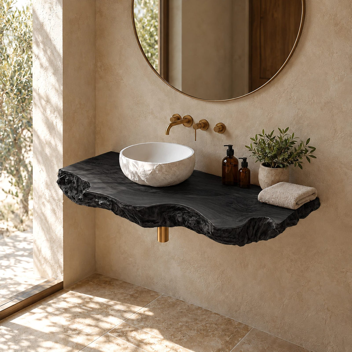 Sculptural Live Edge Wood Bathroom Vanity Top With Wavy Rolled Edge