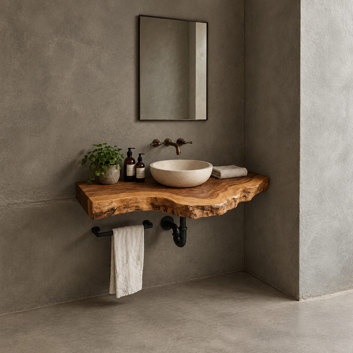 Mid Century Solid Wood Floating Vanity With Live Edge For Powder Room