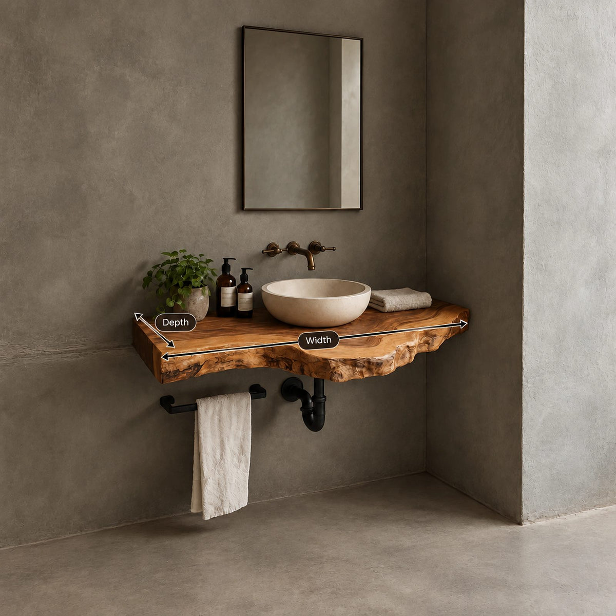 Mid Century Solid Wood Floating Vanity With Live Edge For Powder Room